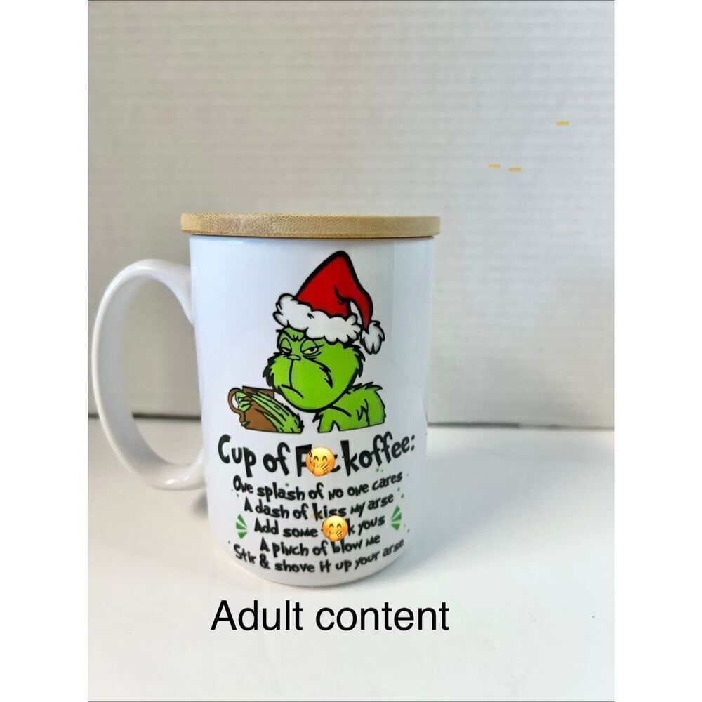 Grinch themed Cup of F**k offer mug with bamboo lid